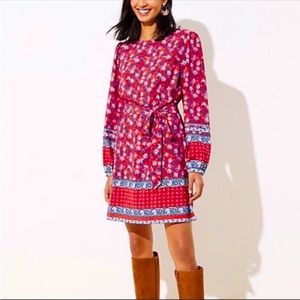 LOFT red and blue floral border long sleeve shift dress